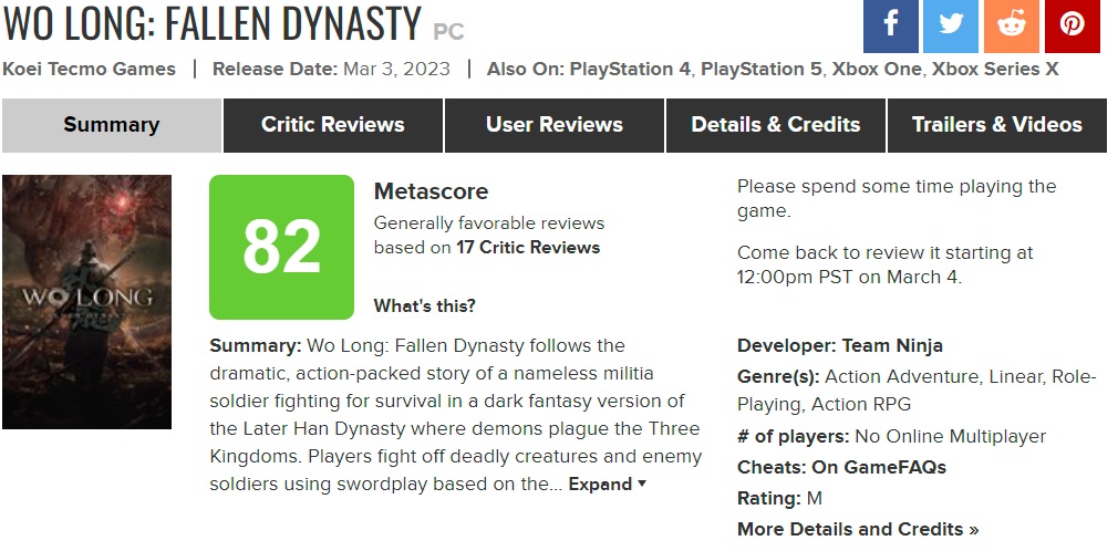 Los fans de los juegos tipo Souls estarán de enhorabuena: la crítica ha alabado el RPG de acción Wo Long: Fallen Dynasty del estudio japonés Team Ninja-2 Los fans de los juegos tipo Souls estarán de enhorabuena: la crítica ha alabado el RPG de acción Wo Long: Fallen Dynasty del estudio japonés Team Ninja-2