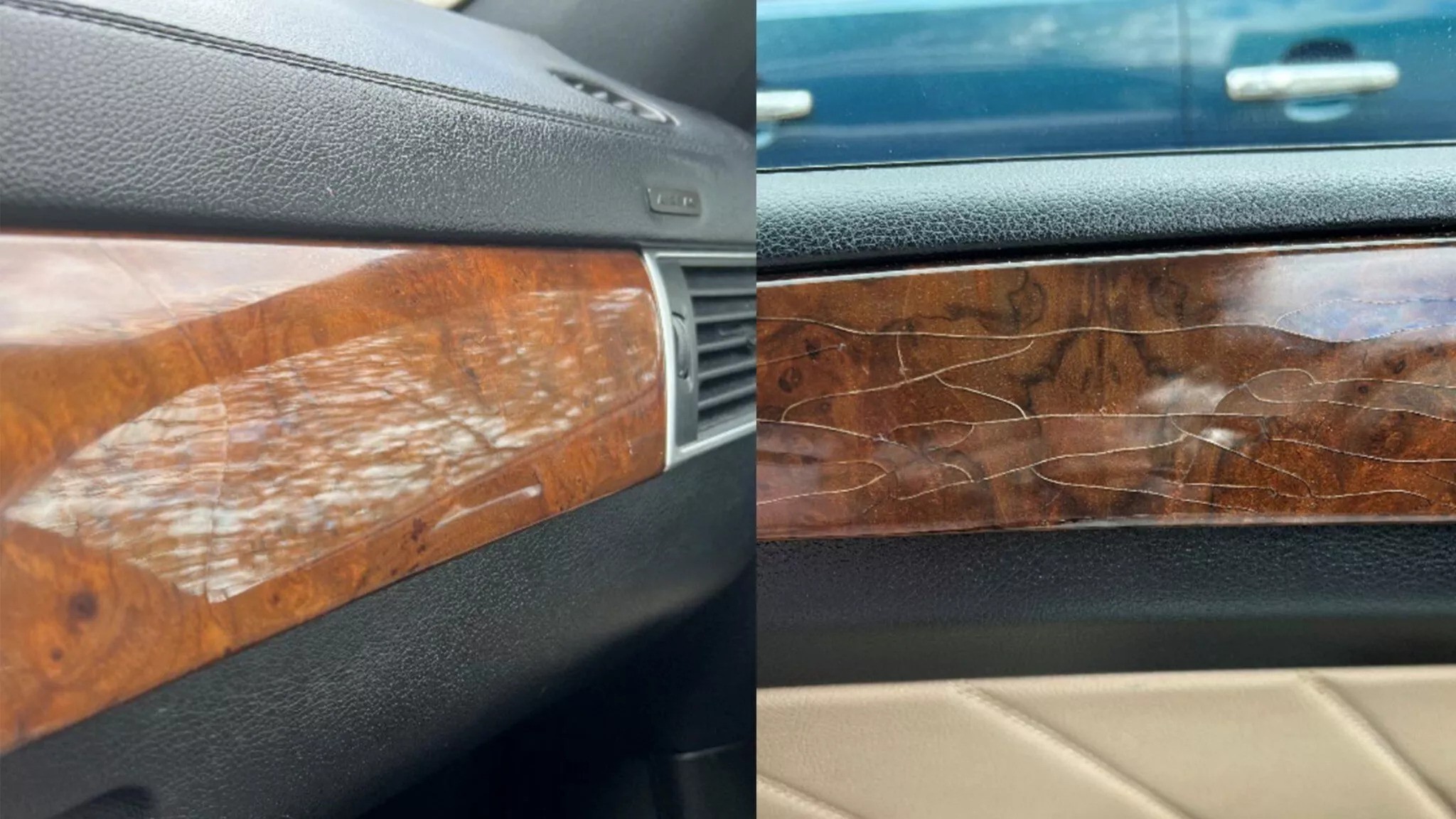 Ejemplos de defectos en la moldura interior de madera de los autos Mercedes-Benz