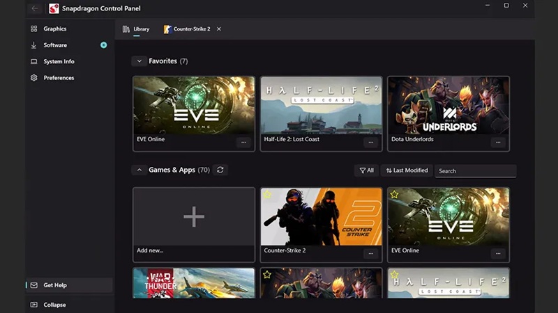 Captura de pantalla de la interfaz de Snapdragon Control Panel