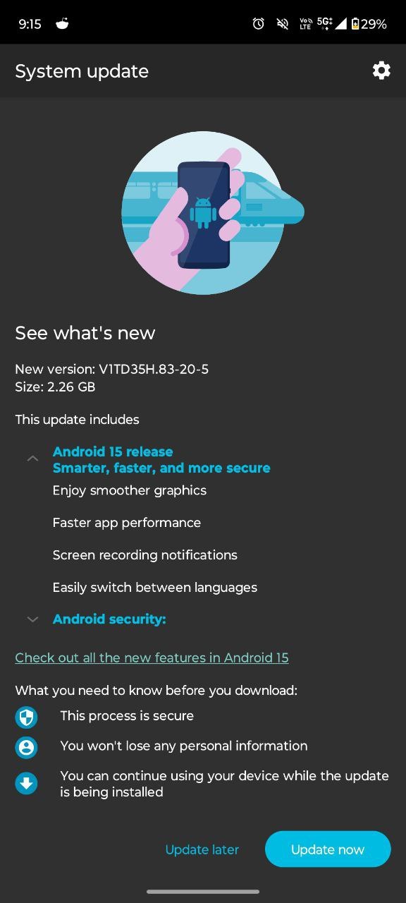 Captura de pantalla de la actualización del Moto G64 5G a Android 15 Captura de pantalla de la actualización del Moto G64 5G a Android 15