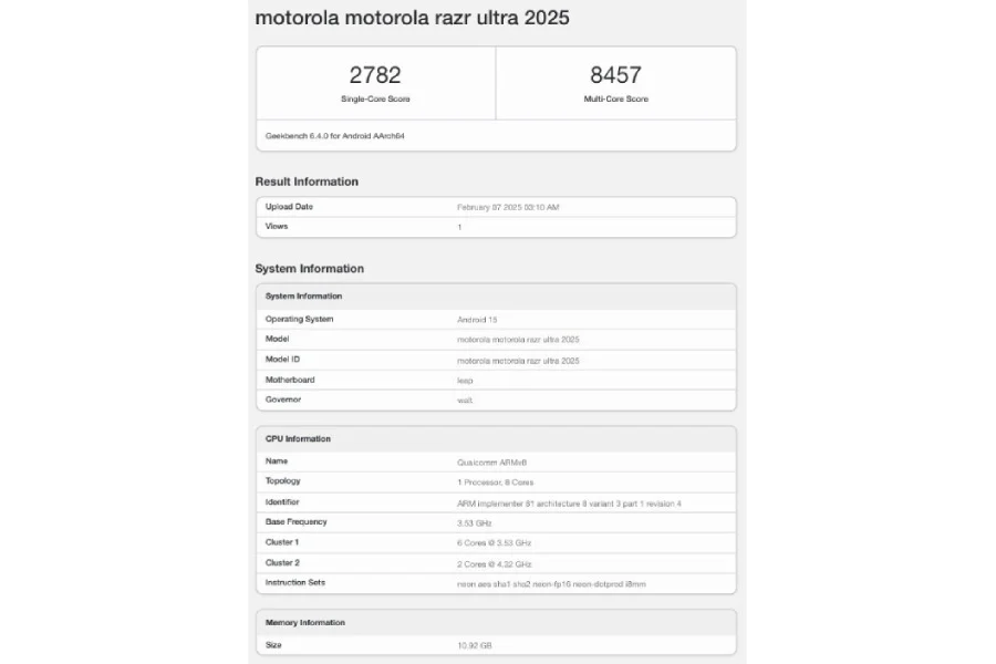 Motorola Razr Ultra 2025. Ilustración: Geekbench Motorola Razr Ultra 2025 de código Geekbench