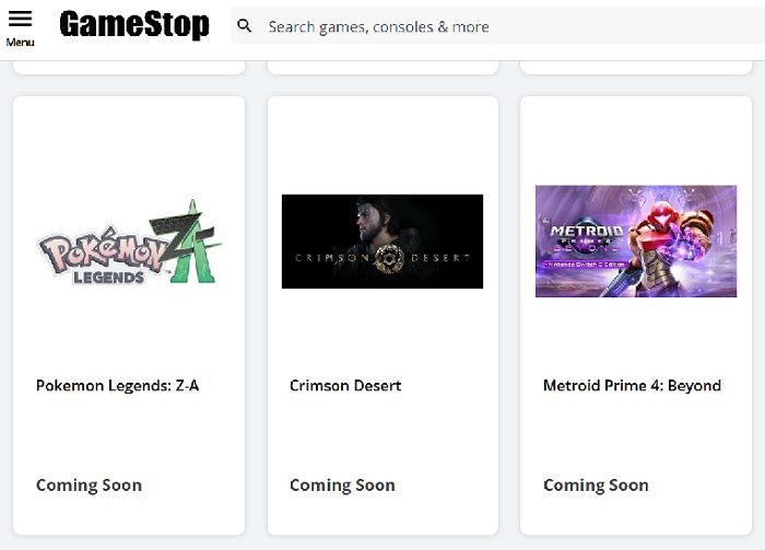 Captura de pantalla del sitio web de GameStop