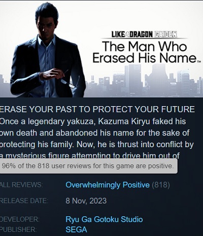Los usuarios de Steam están entusiasmados con el juego de acción criminal Like a Dragon Gaiden: The Man Who Erased His Name y sólo dejan críticas positivas sobre el juego-3