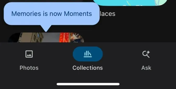 Перший екран додатку Google Photos з новим інтерфейсом 'Моменти' Перший екран додатку Google Photos з новим інтерфейсом 'Моменти'