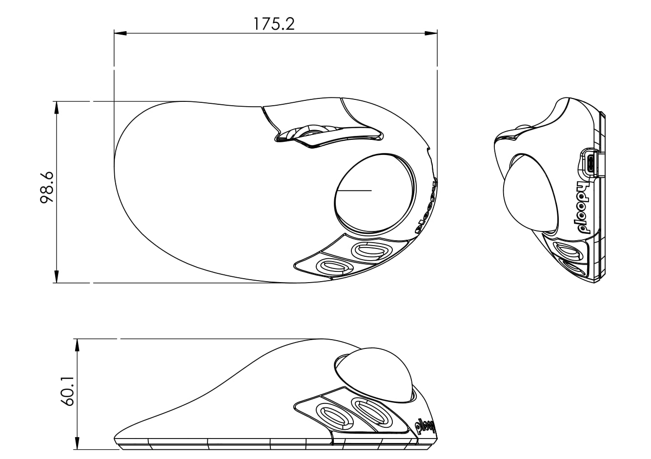 Dimensiones del trackball Classic 2. Ilustración: Ploopy