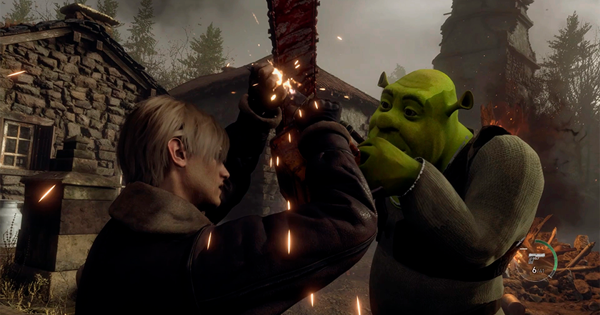Esta es la parte en la que huyes. Para Resident Evil 4 Chainsaw Demo, hay una modificación que añade a Shrek