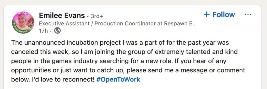 Cancelación de un nuevo juego de Respawn Captura de pantalla de la publicación del productor en LinkedIn