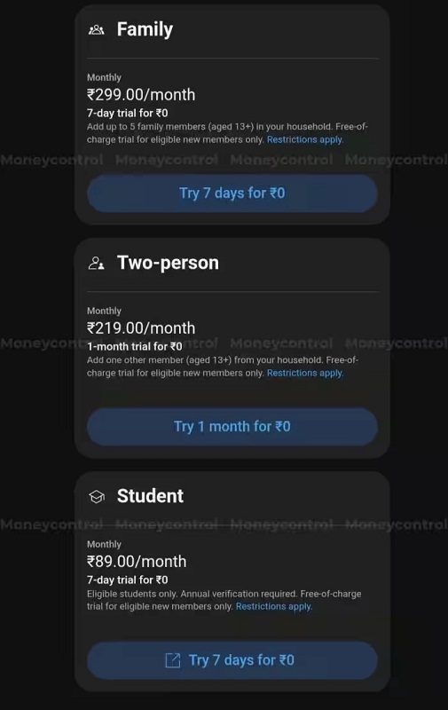 Captura de pantalla de las tarifas de YouTube Premium
