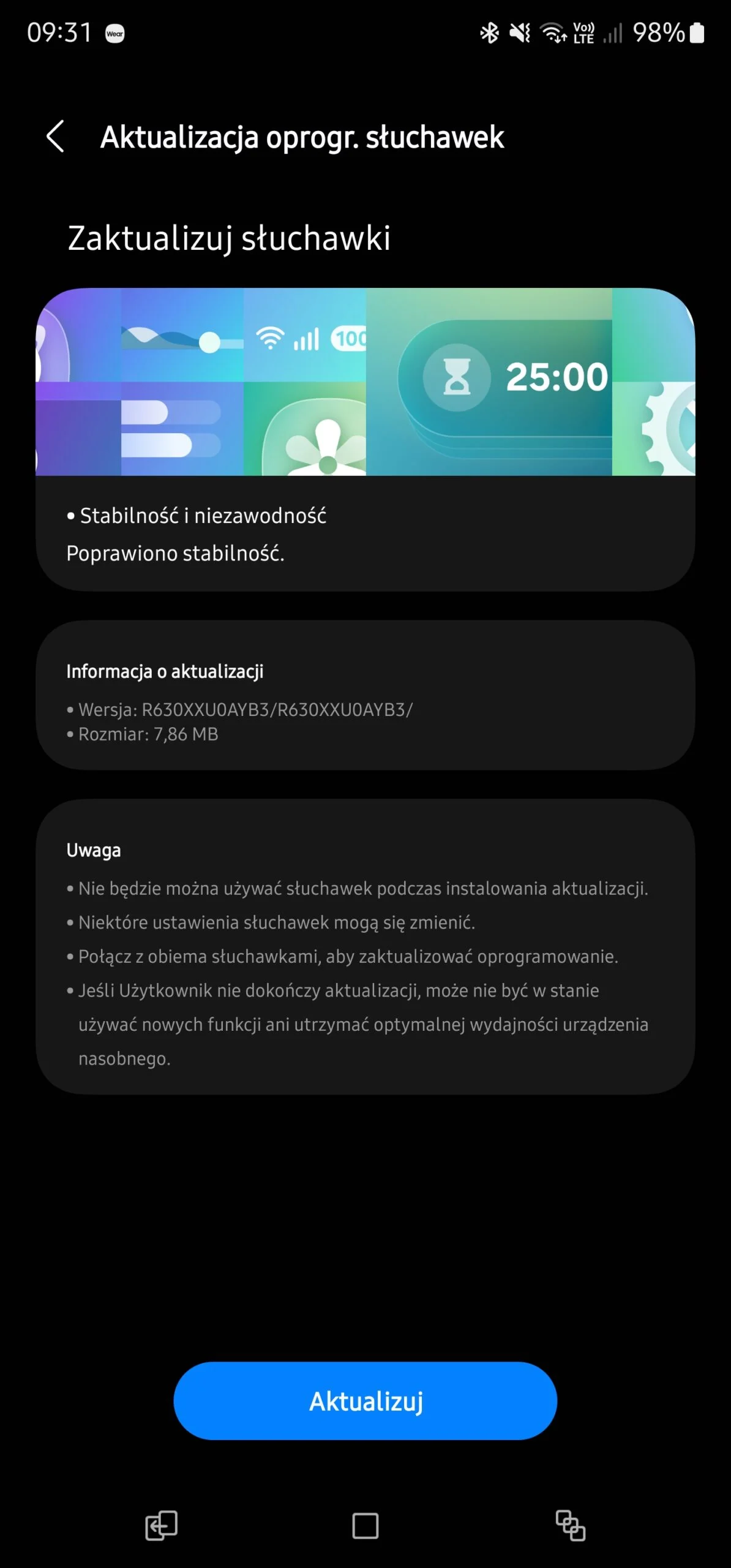 Captura de pantalla de la actualización para Samsung Galaxy Buds 3 Pro