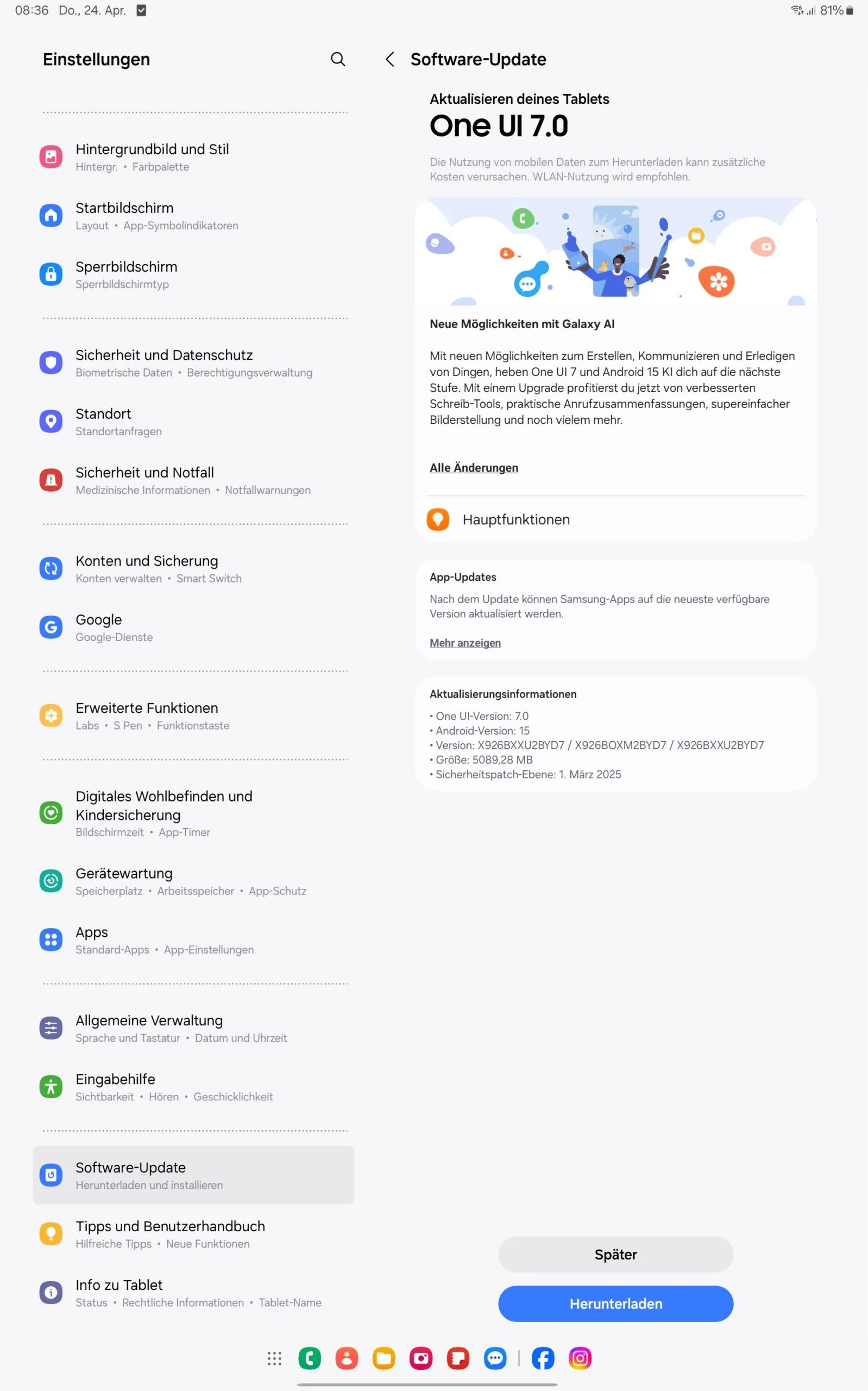 Captura de pantalla de la actualización de One UI 7.0 para el Galaxy Tab S10 Ultra