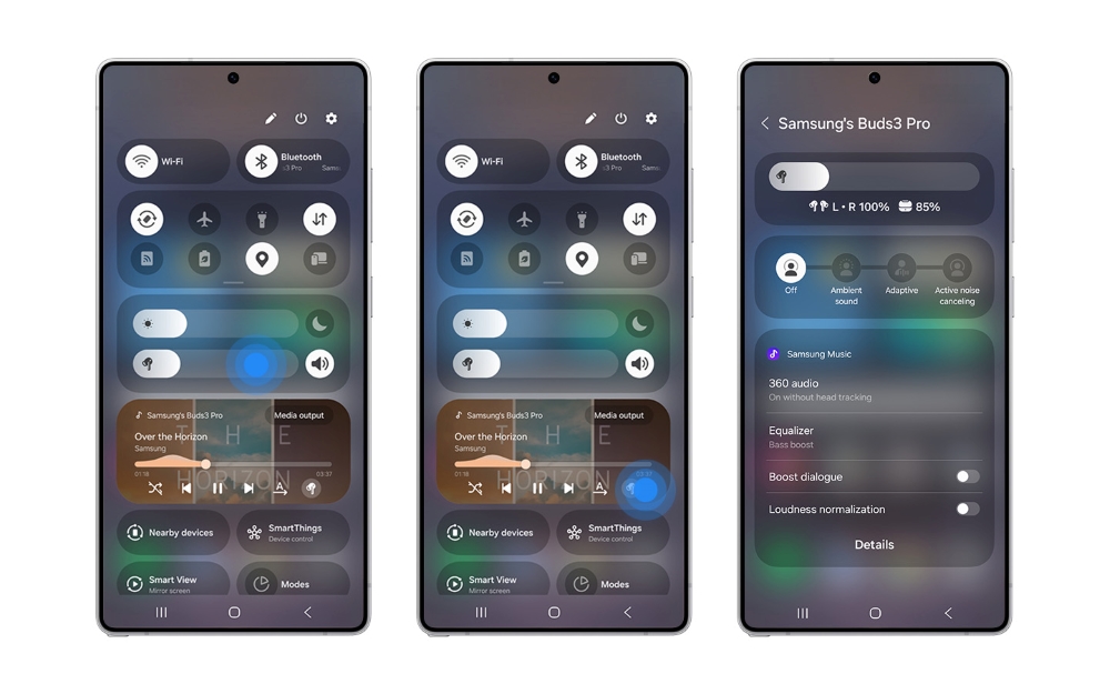 Opciones para iniciar el nuevo panel de control de los auriculares en One UI 7.0