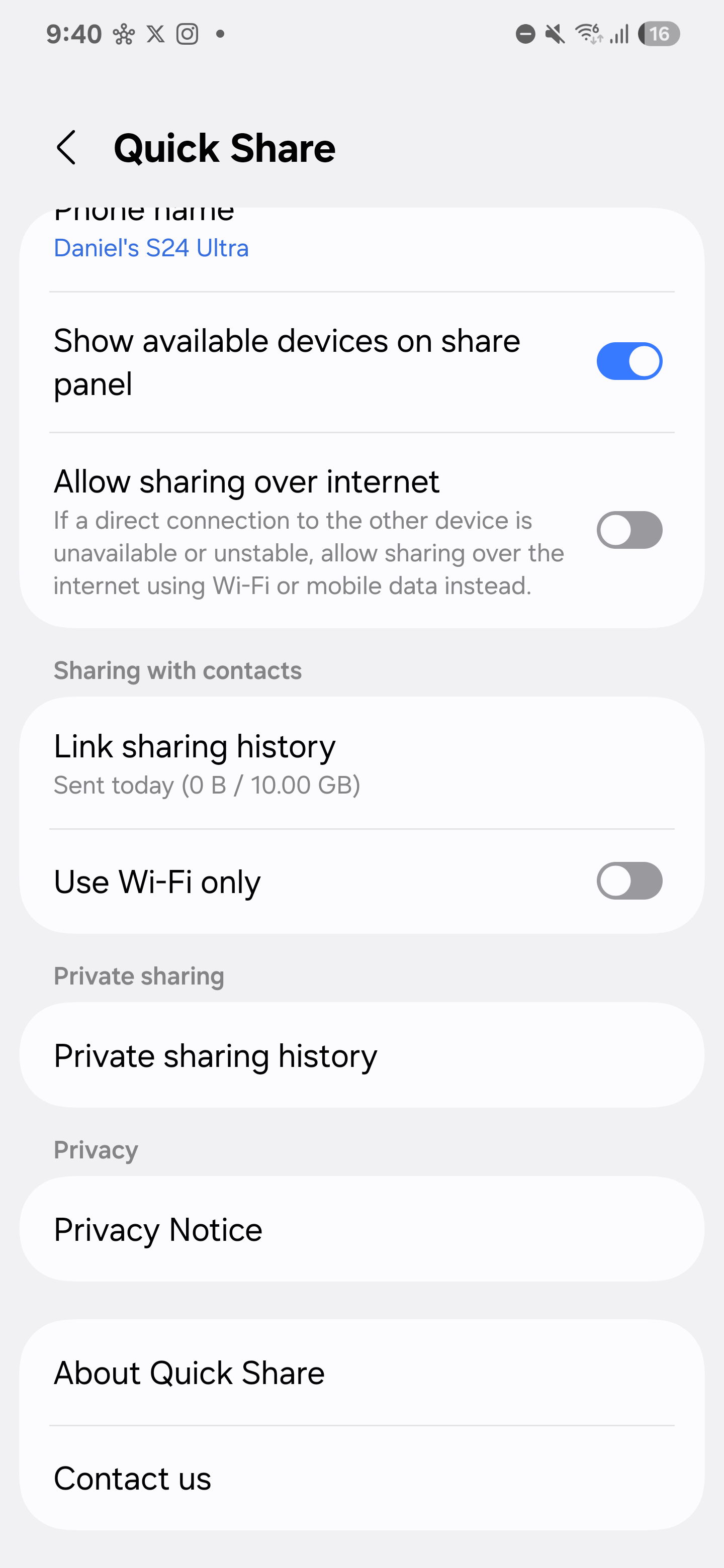 Captura de pantalla de la nueva configuración de Quick Share