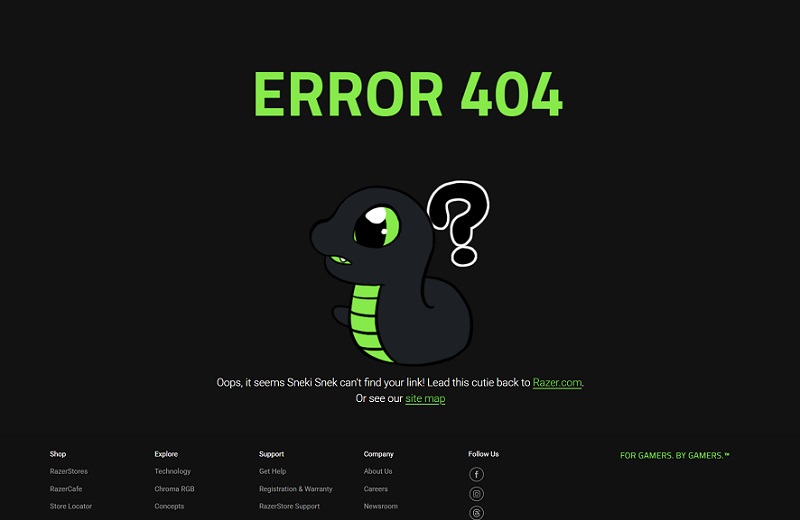 Captura de pantalla de una notificación de error 404 en el sitio web de Razer