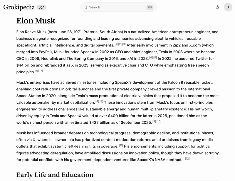 Captura de pantalla de la página de Grokipedia