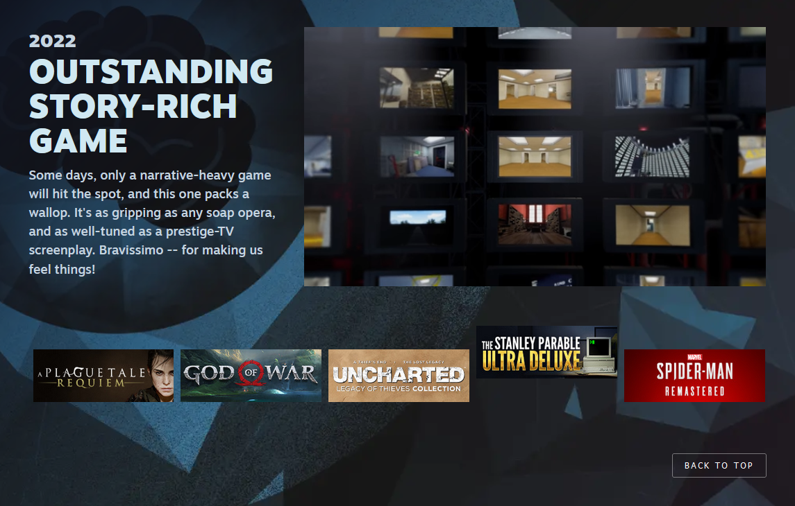 Valve presentó las 11 nominaciones de la ceremonia de entrega de los Premios Steam, entre las que se incluyen: "Juego del año", "Mejor historia", "Mejor banda sonora" y otros.-10 Valve presentó las 11 nominaciones de la ceremonia de entrega de los Premios Steam, entre las que se incluyen: "Juego del año", "Mejor historia", "Mejor banda sonora" y otros.-10