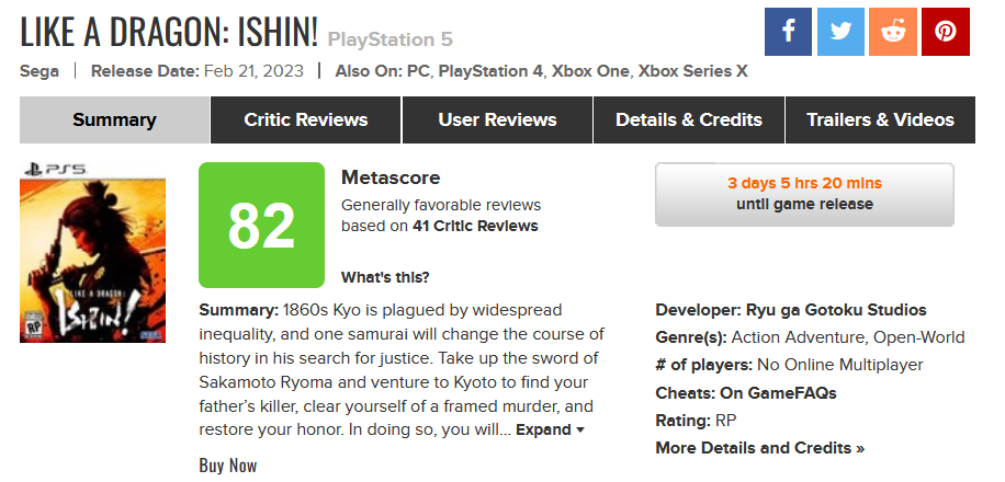 Como un dragón: Ishin! ha recibido las primeras críticas de los periodistas. El juego tiene 82 puntos sobre 100 en Metacritic.-2 Como un dragón: Ishin! ha recibido las primeras críticas de los periodistas. El juego tiene 82 puntos sobre 100 en Metacritic.-2