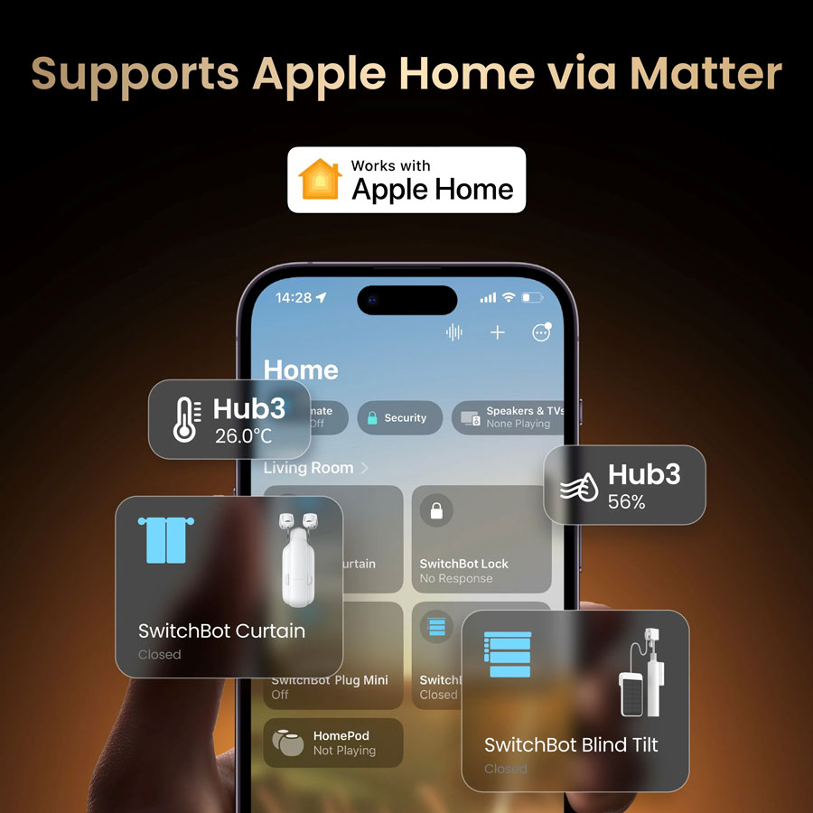 SwitchBot Hub 3 en el fondo del dispositivo Apple Home SwitchBot Hub 3 en el fondo del dispositivo Apple Home