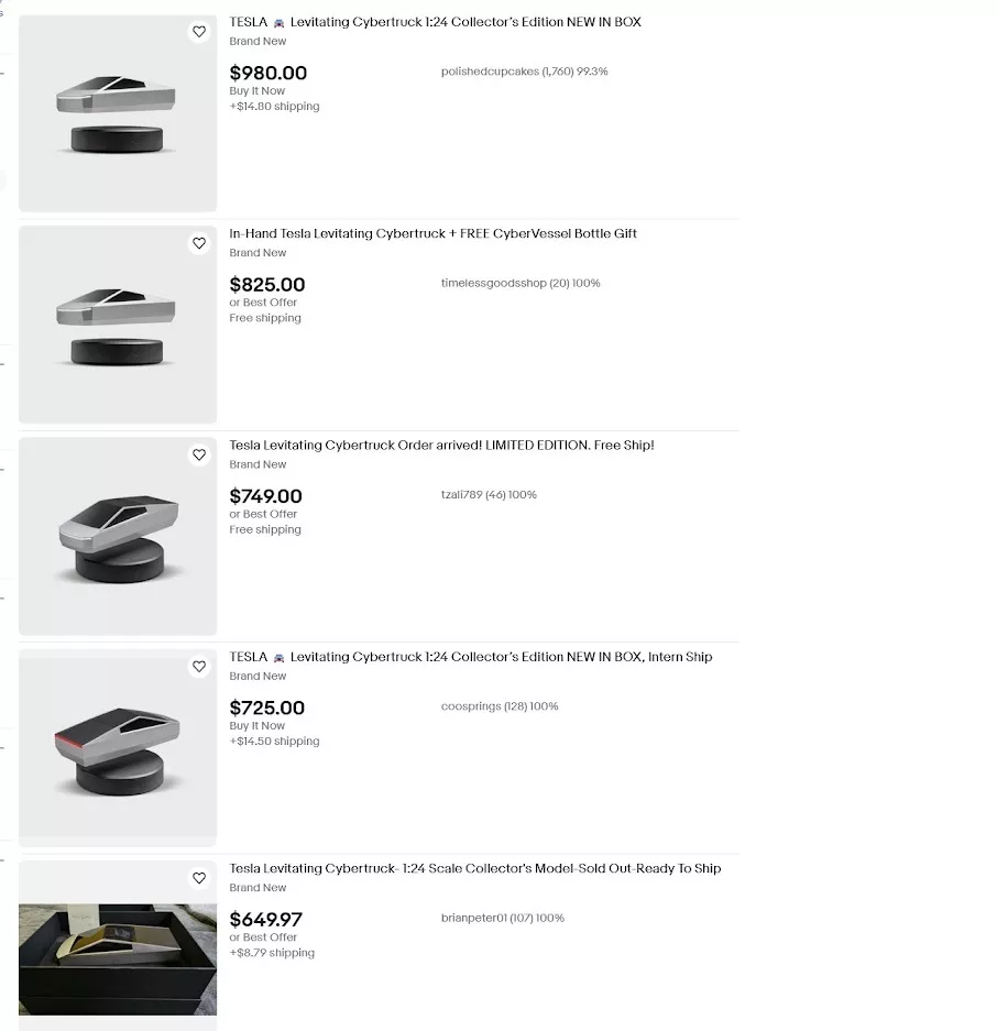 Una captura de pantalla de los anuncios del Tesla Cybertruck en miniatura a la venta Una captura de pantalla de los anuncios del Tesla Cybertruck en miniatura a la venta