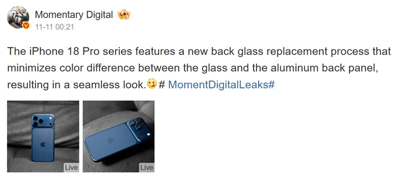 Traducción automática del mensaje de Instant Digital en Weibo sobre el diseño del iPhone 18 Pro