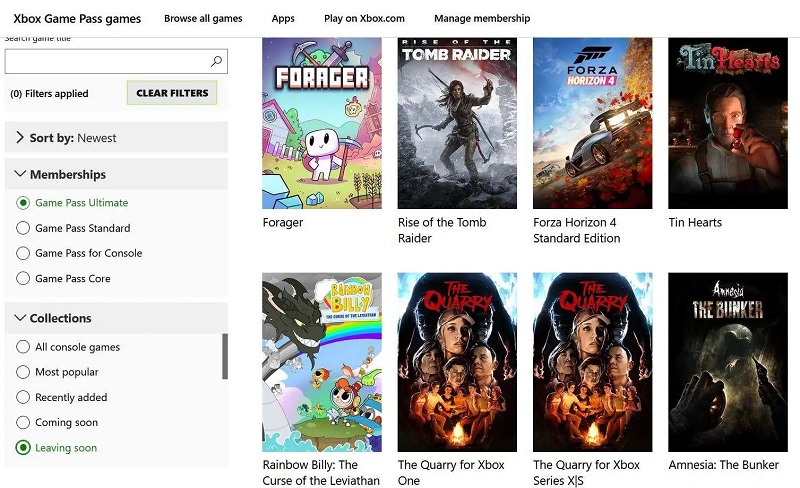 Captura de pantalla del sitio web de Xbox