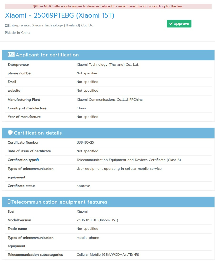 Certificación NBTC del Xiaomi 15T Pro