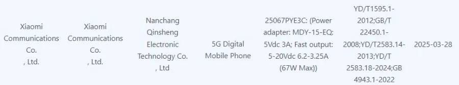 Certificación Xiaomi Civi 5 Pro 3C