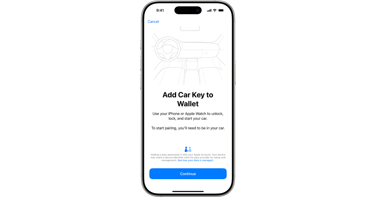 iPhone 16 Pro con instrucciones para agregar Car Key en Wallet