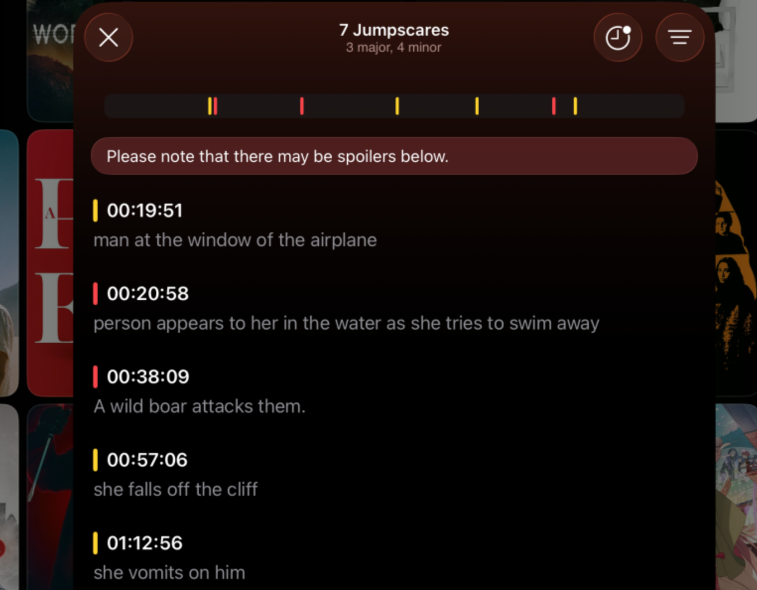 Interfaz de la aplicación Binge con función de advertencia de sustos