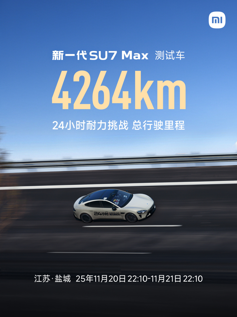 Vehículo eléctrico Xiaomi SU7 Max cubrió 4,264 km en un día