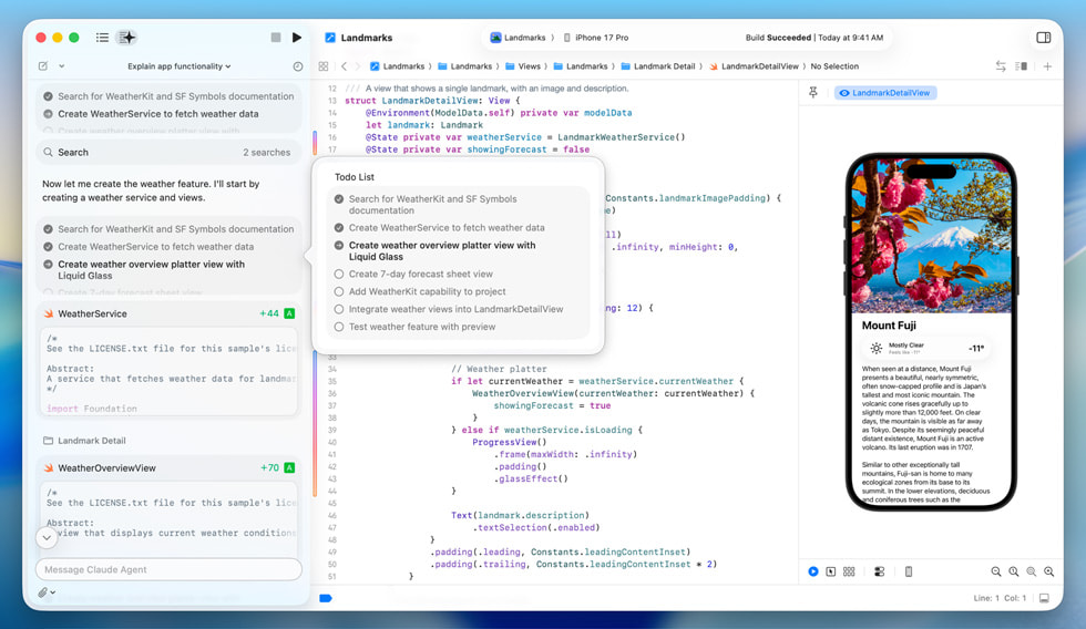 Captura de pantalla de Apple Xcode codificación con Anthropic Claude Agent